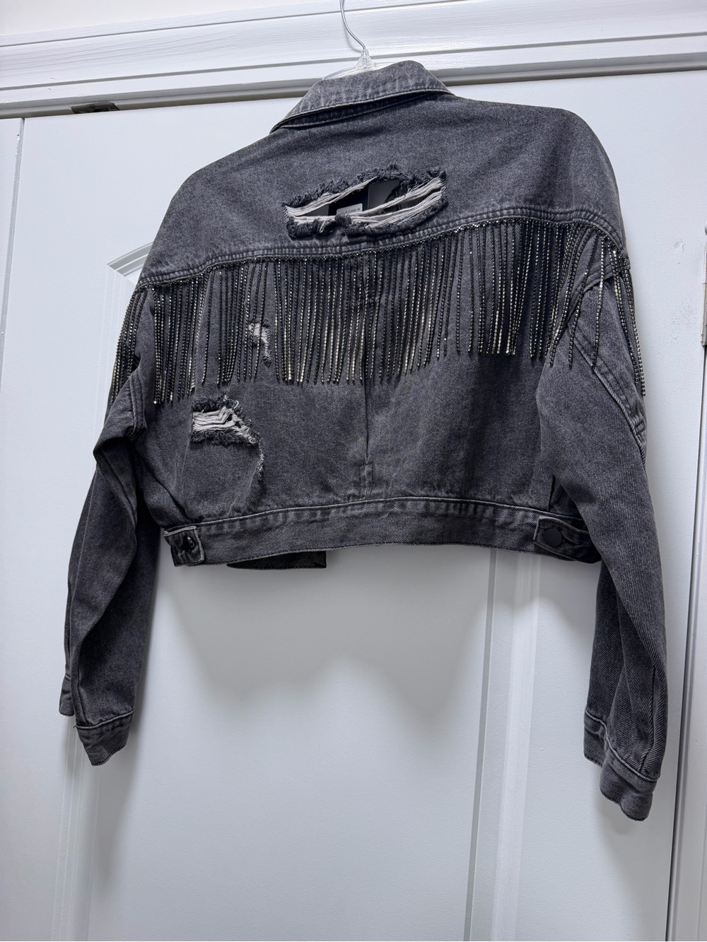 NEW Cropped Distressed Denim Jacket with Fringe Beading - Black